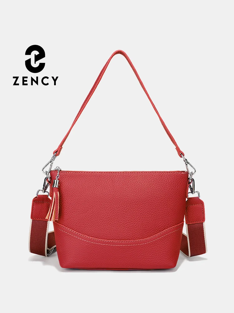 Zency Women's Genuine Leather Ladies Leather Crossbody Bag Simple High Quality Simple Bucket Handbag Female Tassel Shoulder Sac