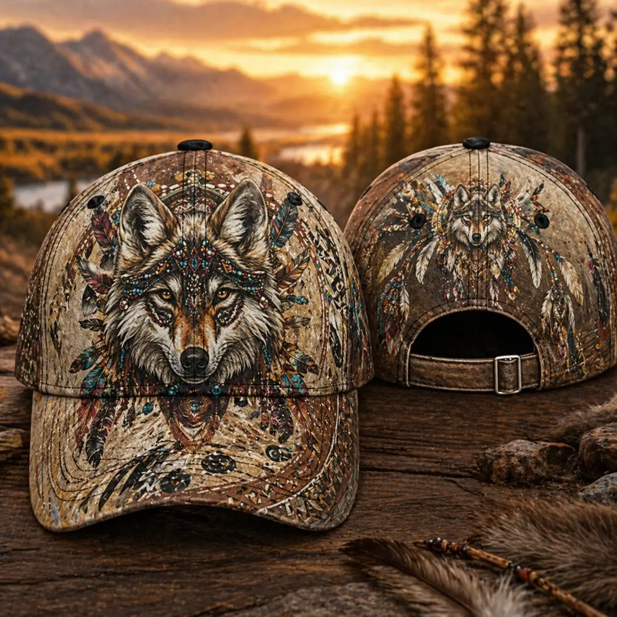 Custom Baseball Cap Boho Wolf Feather Mountain Sunset Graphic Costume Adjustable for Festival Camping, Hiking, And Boho Weekend