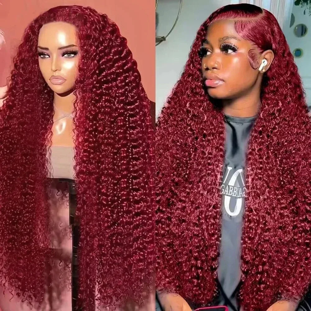 99J Burgundy Curly HD Lace Front Human Hair 200% Density Wig Red Color 13x6 Transparent Deep Wave Lace Frontal 30 40 inch Wigs