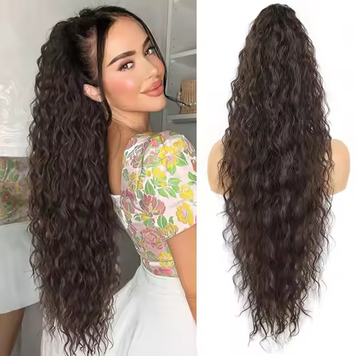 Synthetic Claw Long Wavy Ponytail Extension Black Brown 18-30" Curly Pony Tail Clip in Hair Extensions Fluffy Natural Looking - Image 15