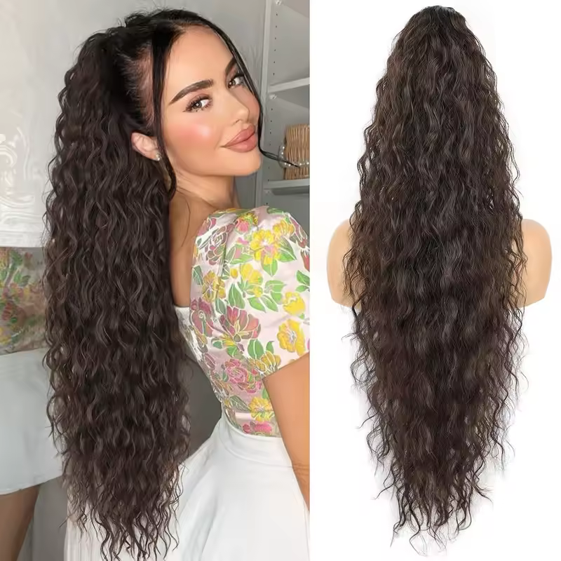 Synthetic Claw Long Wavy Ponytail Extension Black Brown 18-30" Curly Pony Tail Clip in Hair Extensions Fluffy Natural Looking - Image 15