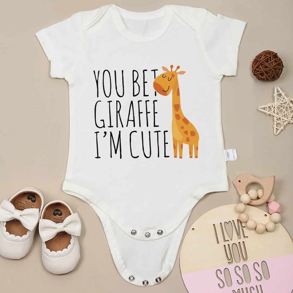 

You Bet Giraffe I'm Cute Baby Girl Clothes Cartoon Kawaii Harajuku Fashion Newborn Boy Bodysuit Short Sleeve Cotton Cheap