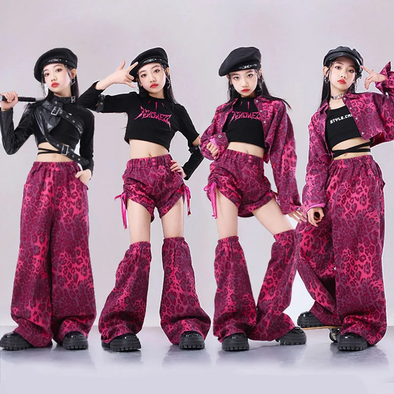 Kid Hip Hop Clothing Pink Leopard Crop Shirt Top Lace up Shorts Leg Warmers Wide Pants for Girl Jazz Dance Wear Costume Clothes