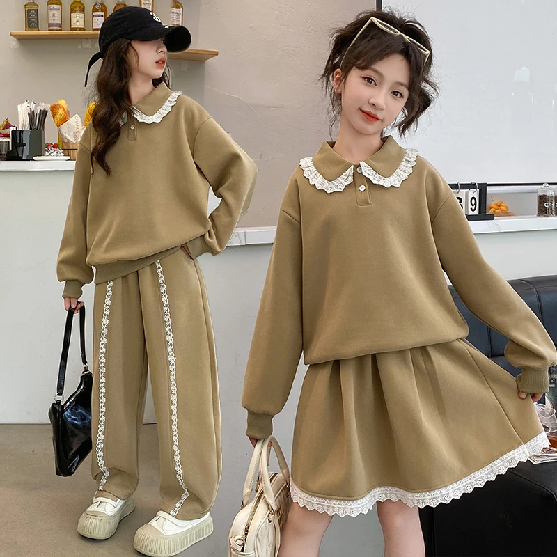 

School Girls' Autumn Sweater Sweatsuit Sweet Lace Edge Knitted Tops+Skirt Set Teen Children's Long Sleeve T-shirt+Pants 2pcs Set