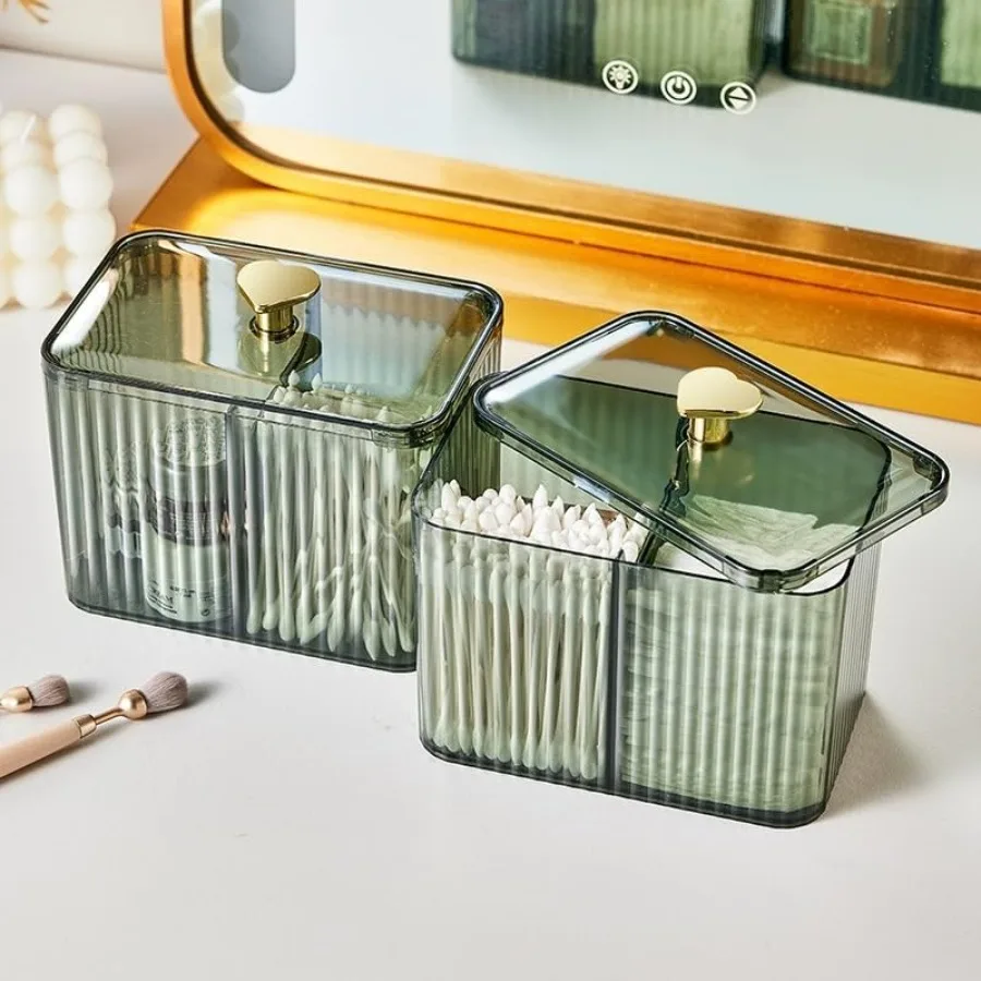 Qtips Holder Bathroom Container, 3-Section Cotton Ball/Swabs Dispenser, 3 Grids Apothecary Jar Organizer, Cosmetics Storage for