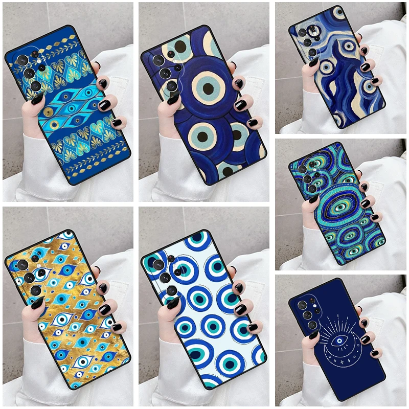 Phone Case For Samsung Galaxy S24 S23 S21fe S22 Ultra Plus Note 10 20 S8 S9 S10 Cover Evil Eye Mineral textures and gold