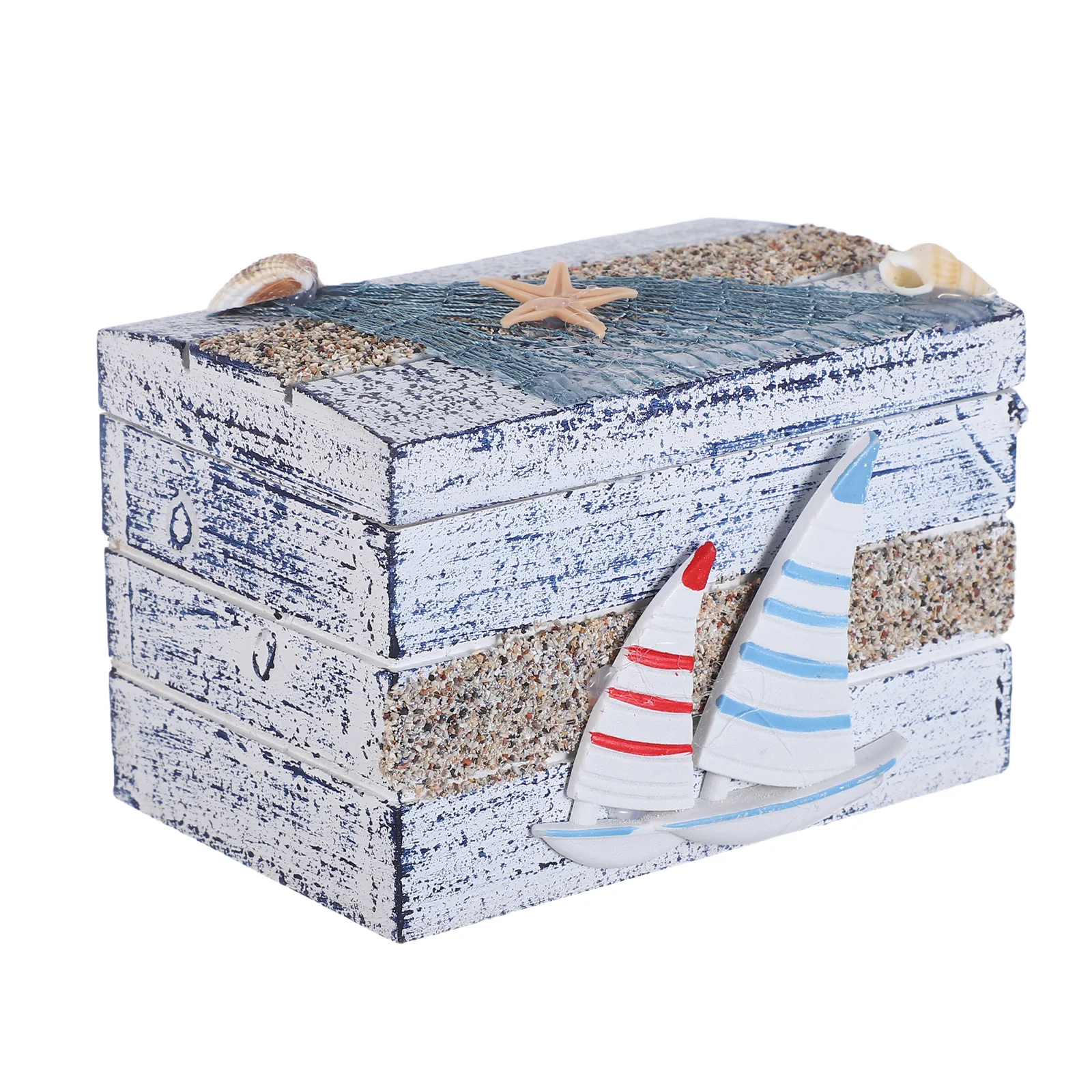 

Mediterranean Wooden Jewelry Box Handcrafted Sailboat Pattern Beach Style Trinket Organizer for Living Room Coffee Table Storage