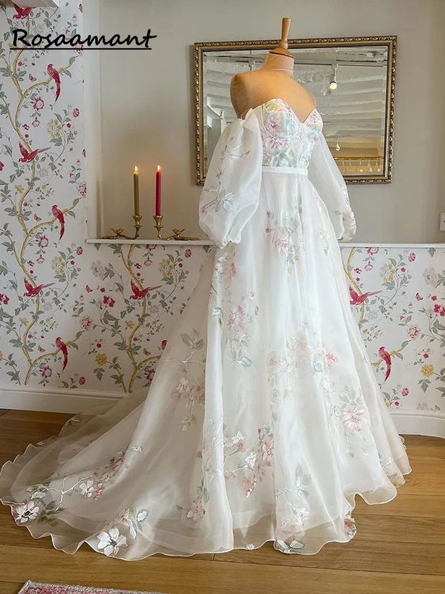 Print Flower Wedding Dresses Sweetheart Bridal Gowns For Bride Robe De Mariée Beach Sweep Train For Women