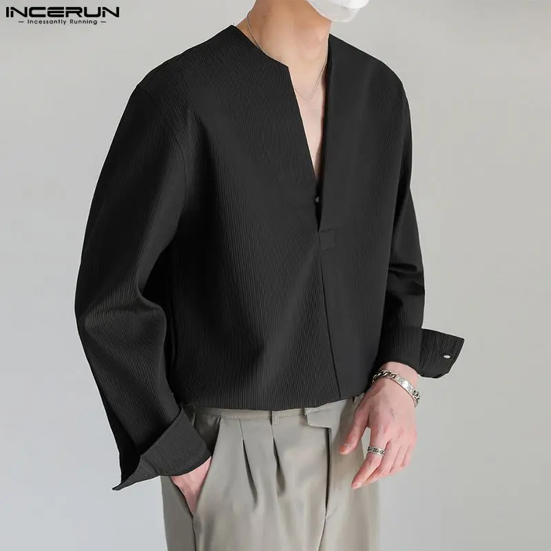 INCERUN-Chemise à manches longues à col en V pour hommes, Streetwear, Chemises décontractées, Style coréen, Mode S-5XL, Solide, Document At, 2023