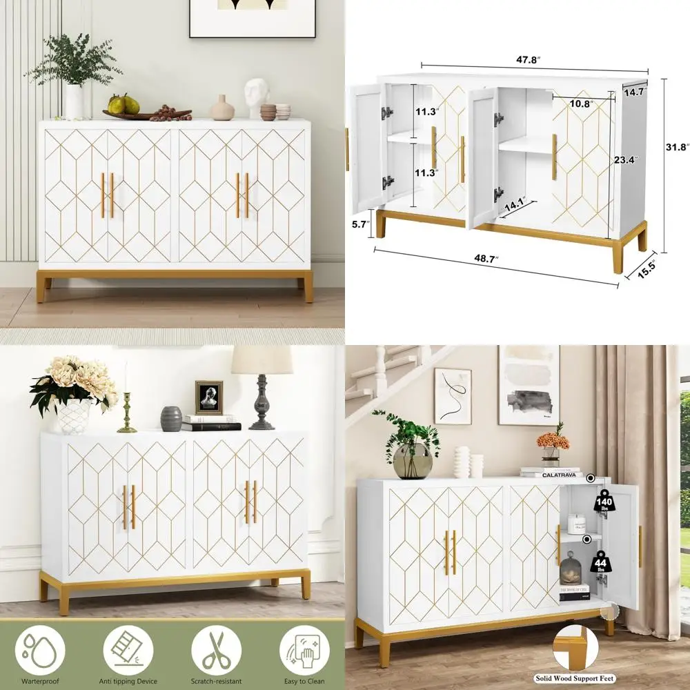 خزانة بيضاء معاصرة مع 4 أبواب ورفوف، بوفيه خزانة جانبية مزخرفة بالذهب لمساحات المعيشة والدخول