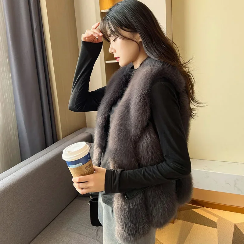 Women Waistcoat Cardigan Sleeveless Covered Button Outwear V Neck Solid Color Loose Casual Fashion Slim Fur High Street Autumn