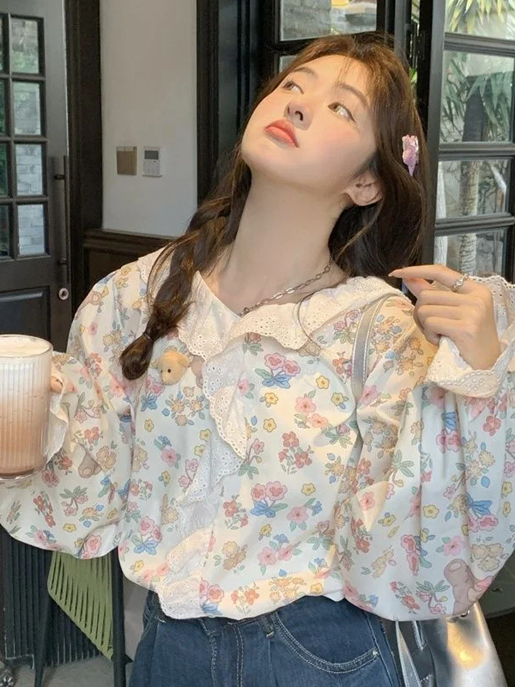Chemises florales à volants pour femmes, douce, ample, décontractée, mignonne, japonaise, manches longues, Design Vintage, Prairie Chic, hauts