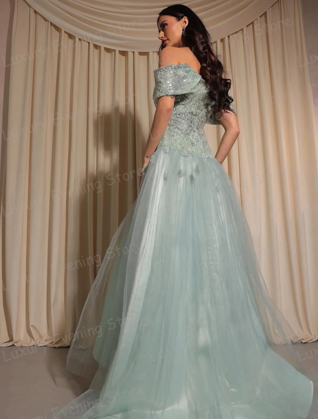 Luxe Applicaties Avondjurken Vrouw Ruches Een Lijn Prom Jassen Tule Mode Strand Party Vestidos De Novia Aangepaste Gala