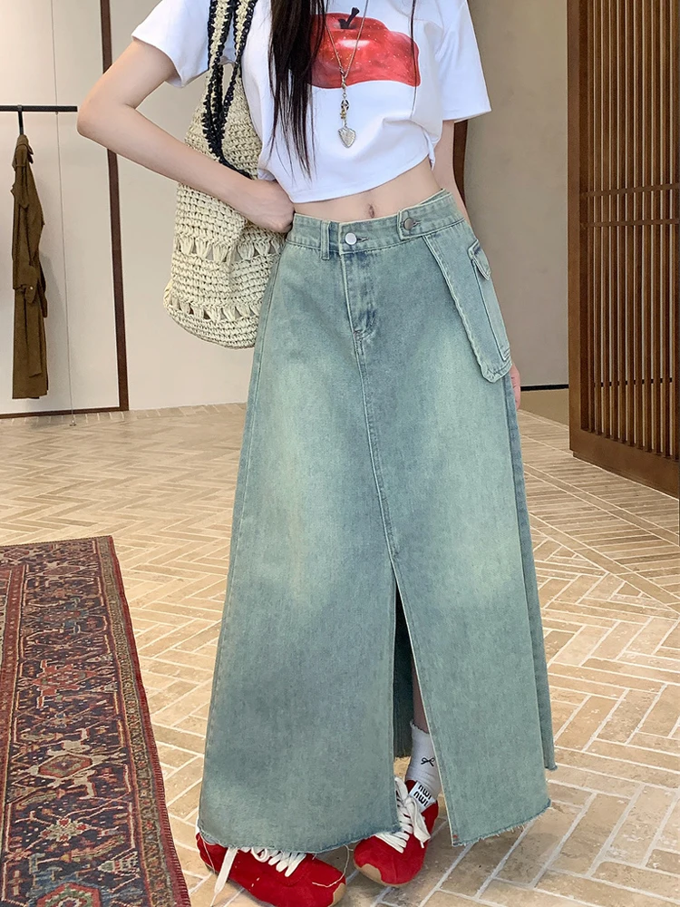 

Korean Style Fashion Split High Waist Denim Skirts 2025 Women's Personalized Pocket Design A-Line Skirts Female Long Skirt