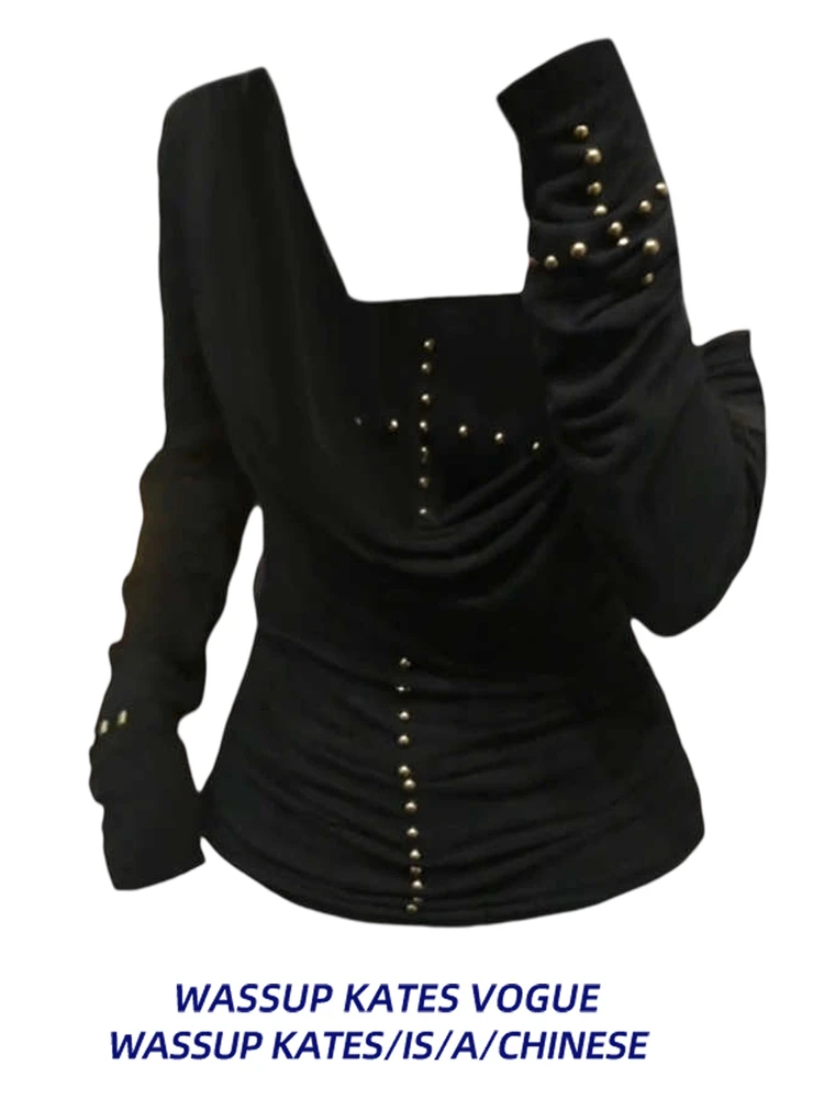 

American Sle Long Sve T-irt Women's Spring Autumn Design Slim Fit Rivet Tube Top Inner Wear Layering Bla Top