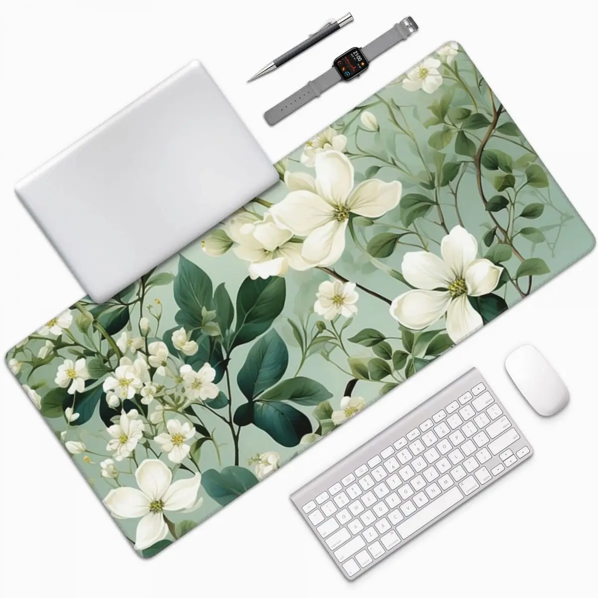 Thick Of Green Foliage And White Blossoms Large Mouse Pad Computer Keyboard Mouse Mat Gamer PC Laptop Desk Mat Office Table Mats