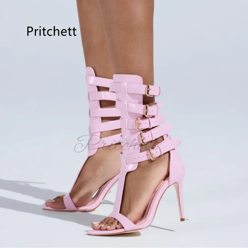 Sandali gladiatore con cinturini a T bianchi rosa per donna Fibbie per cinture open toe Scarpe da festa estive con tacco alto in pelle con tacco a spillo