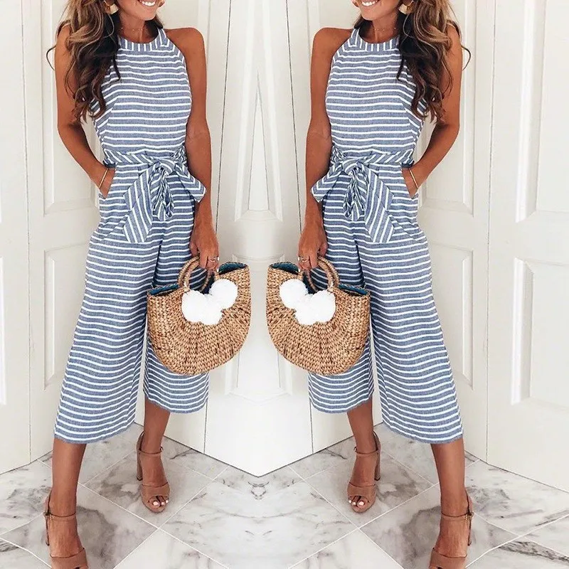 Jumpsuit Women 2024 Summer New Fashion Stripe Lace Up Pocket Design Casual Round Neck Sleeveless Daily Wide Leg Long Jumpsuits