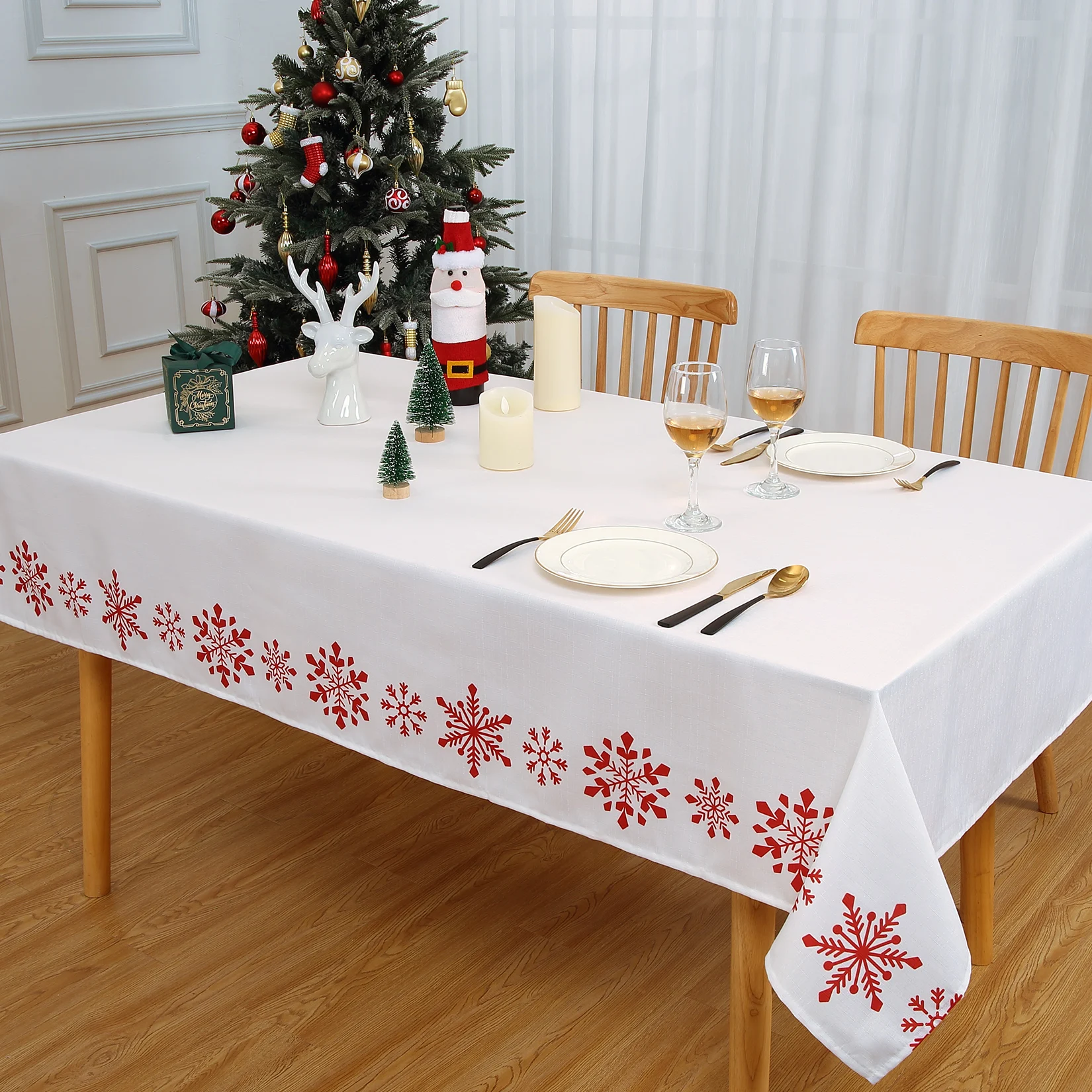 Schneeflocken-Weihnachtstischdecke, waschbare Festtags-Esstischdecke, dekorative Tischdecke für rechteckige und quadratische Tische, für Innen- und Außenbereiche, Küche, Partydekoration.