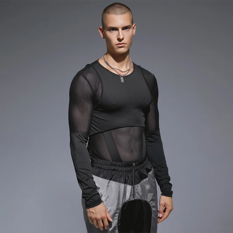 Men Bodysuits Mesh Patchwork Zipper O-neck Long Sleeve Streetwear Transparent Rompers 2023 Sexy Fashion Male Bodysuit INCERUN