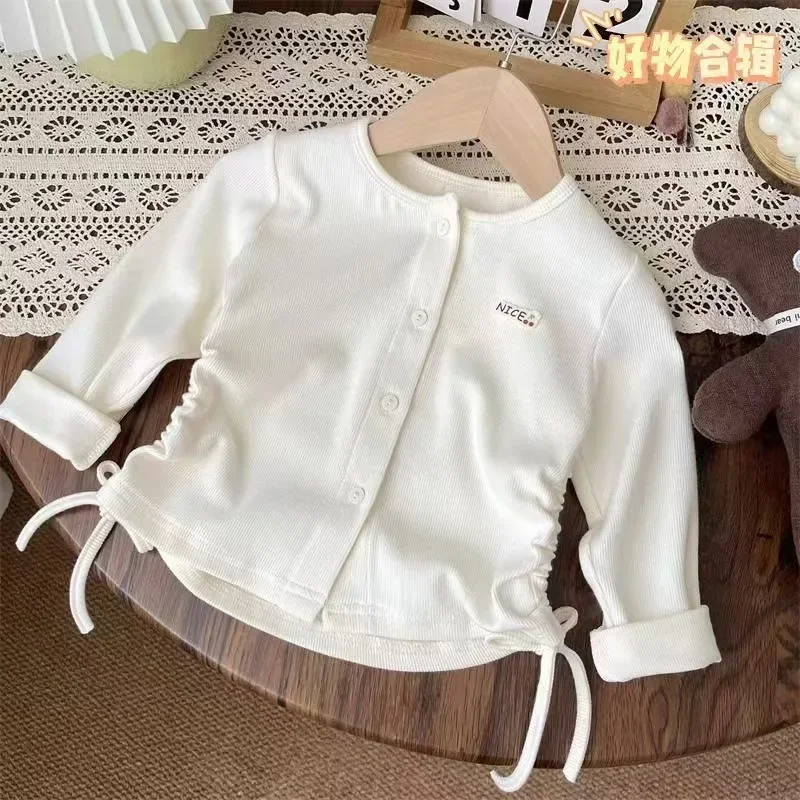 Baby Girls Cardigans Kids Solid Color Outerwear Drawstring Shirts Slim Tops 2024 Spring Autumn Children\'s Clothing