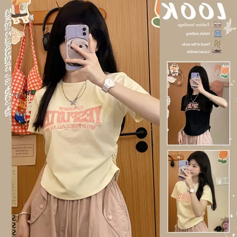 Solid Color Letter Print Short Sleeve T-shirt Women's 2024 Summer Fashion New Harajuku Design Sense Waist Slim Casual Short Top