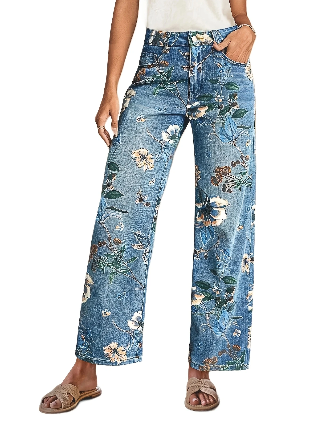 

Женские модные повседневные свободные прямые джинсы со средней талией, эластичные свободные джинсы, процесс цветочного печати, можно стирать в машине, круглый год