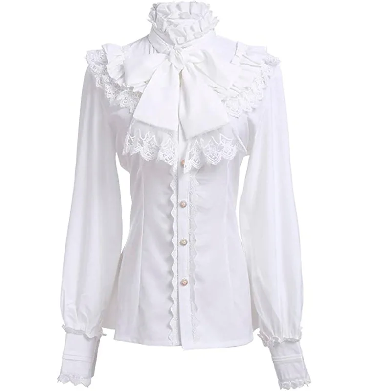 White Chiffon & Lace Ruffles Stand Collar Big Bow Lantern Sleeve Vintage Gothic Blouse Medieval Top Victorian Steampunk Clothing