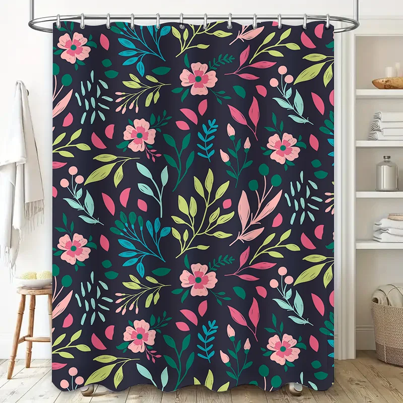مجموعة ستائر الدش الزهرية متعددة الألوان لديكور حمام الزهور للديكور المنزلي لون أزرق داكن مع طباعة زهور وردية على القماش 72 #2