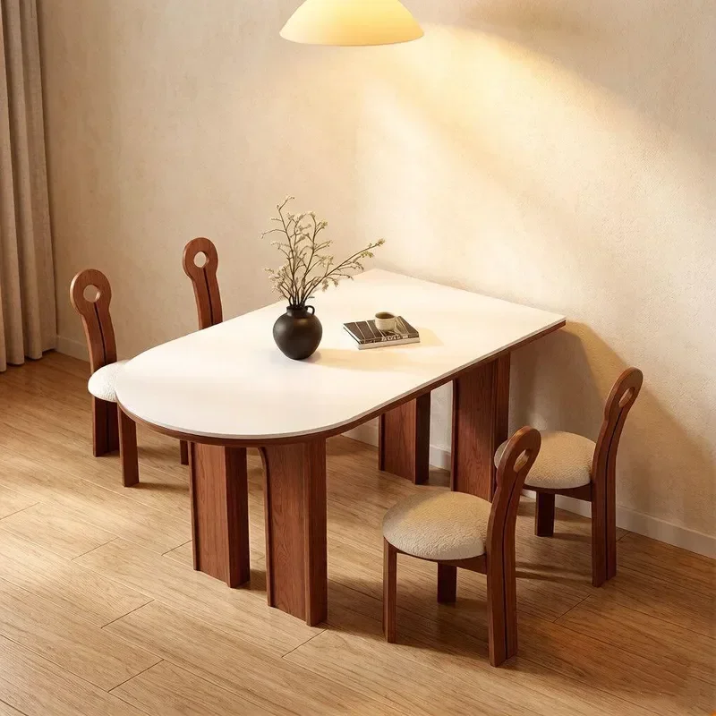 French Retro Rock Slab Dining Table High End Small Apartment Designer Creative Semi Oval Island Dining Table and Chairs Set