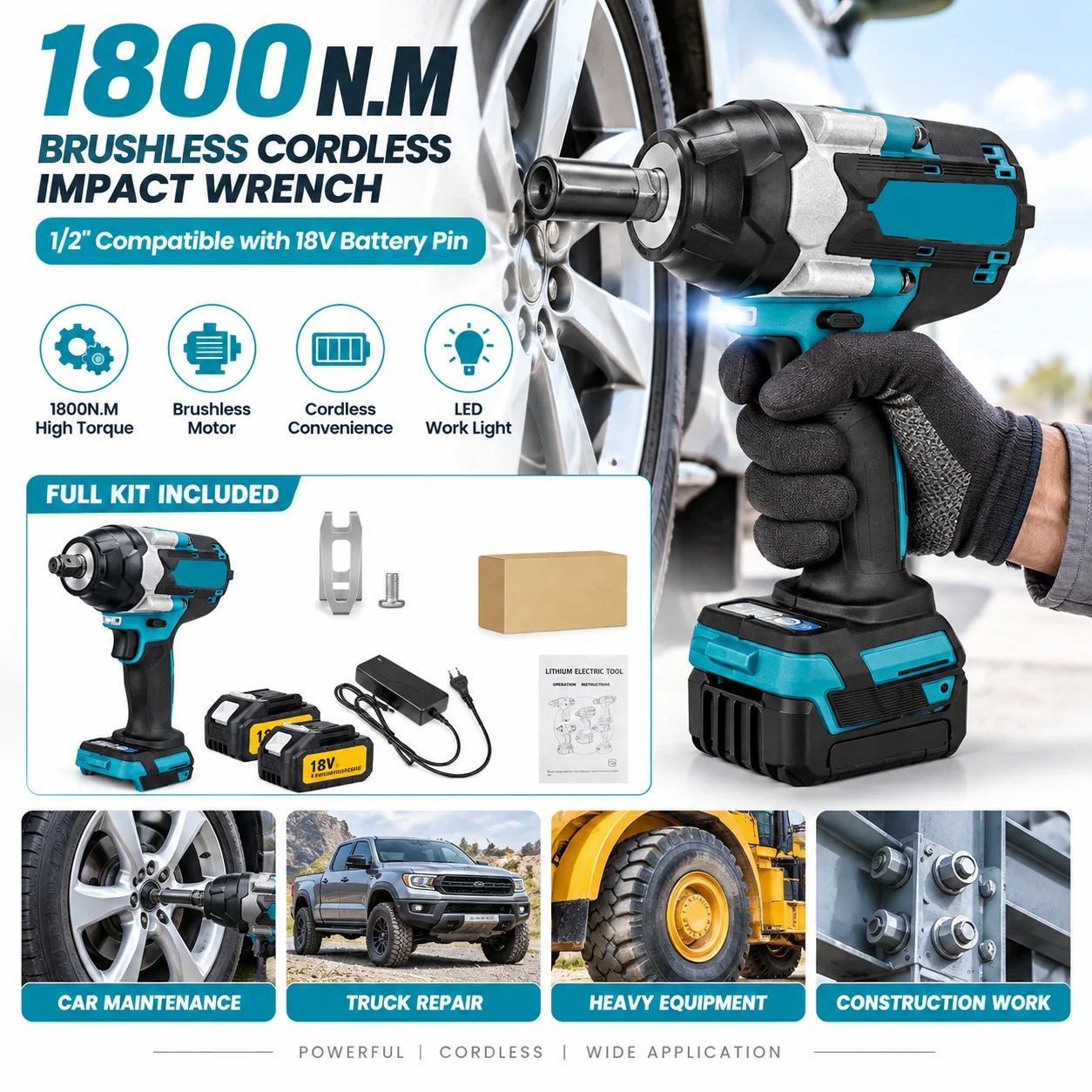 Avvitatore a impulsi senza fili e senza spazzole, 1800 N.M, 1/2", compatibile con batteria Makita 18V