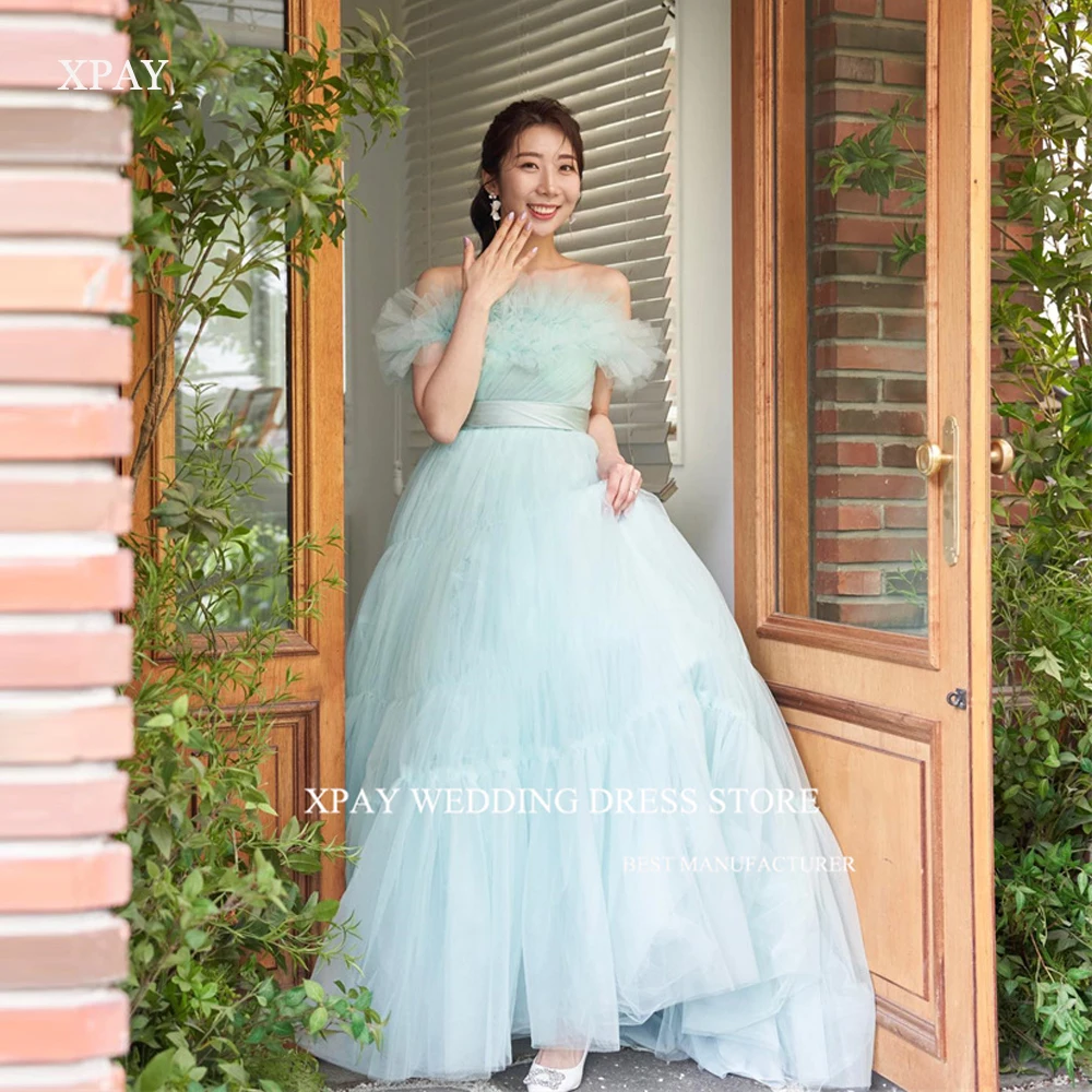 

XPAY Sage Green Tulle Fairy Korea Evening Dresses Off Shoulder Corset Backless Prom Gowns Wedding Photo shoot party bride Dress