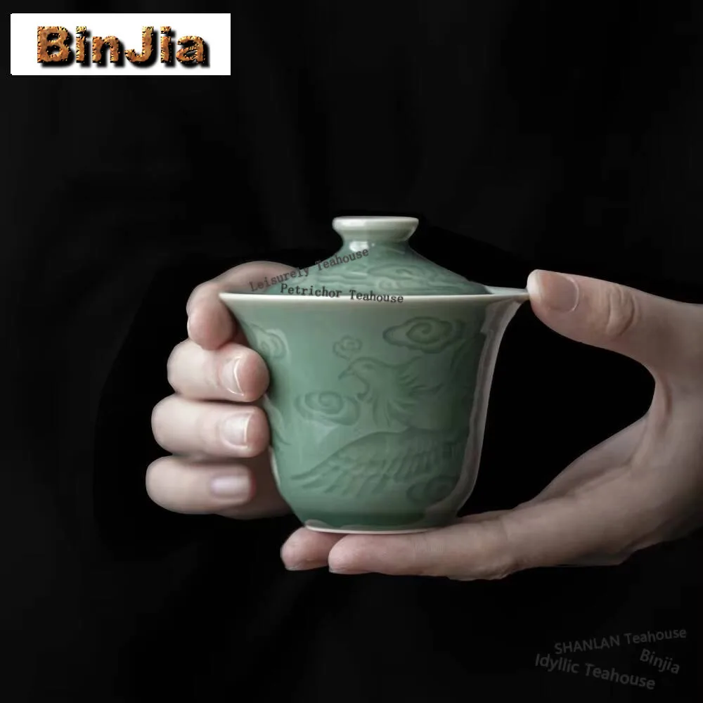 

100 мл античный целадон ручной захват Gaiwan рельефный Феникс против ожогов чай Tureen чайный сервиз чаша китайский чайный набор ремесло