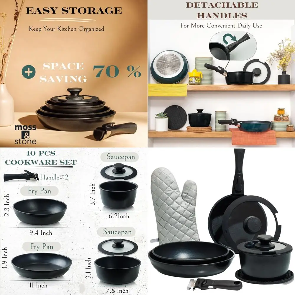 

Non-Stick Black 10-Piece Cookware Set with Detachable Handles, RV & Camping Friendly, Oven-Safe, Induction Compatible
