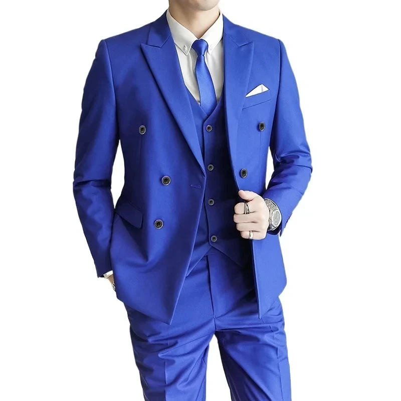 2023 Fashion New Men\'s Casual Business Double Breasted 3 Pcs Suit Set / Male Slim Solid Color Wedding Blazers Jacket Vest Pants