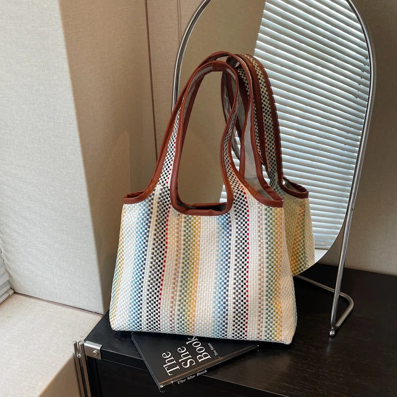

New Color Block Woven Shoulder Bag Fashion Casual Commute Tote Bag Trendy Straw Woven Beach Bag Large Capacity Underarm Handbag