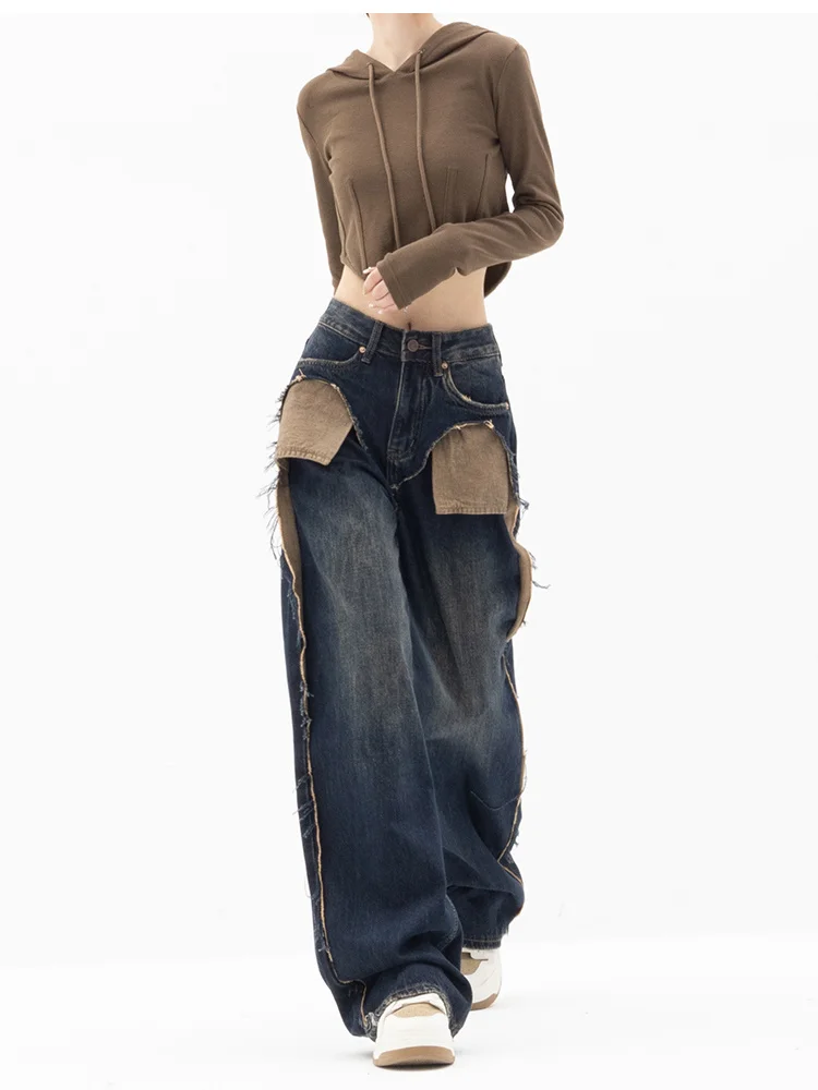 American Streetwear Style High Waist Patchwork Jeans Pants 2023 Fashion Women's Baggy Y2K Wide Leg Denim Trouser Female Clothes