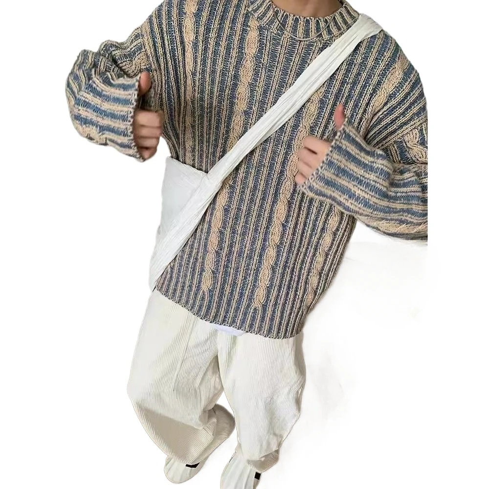 Luxury Fashion Striped Knitted Sweaters Men Autumn Streetwear Y2k Harajuku Vintage Jumper Long Sleeve O-neck Tops Mens T-shirts