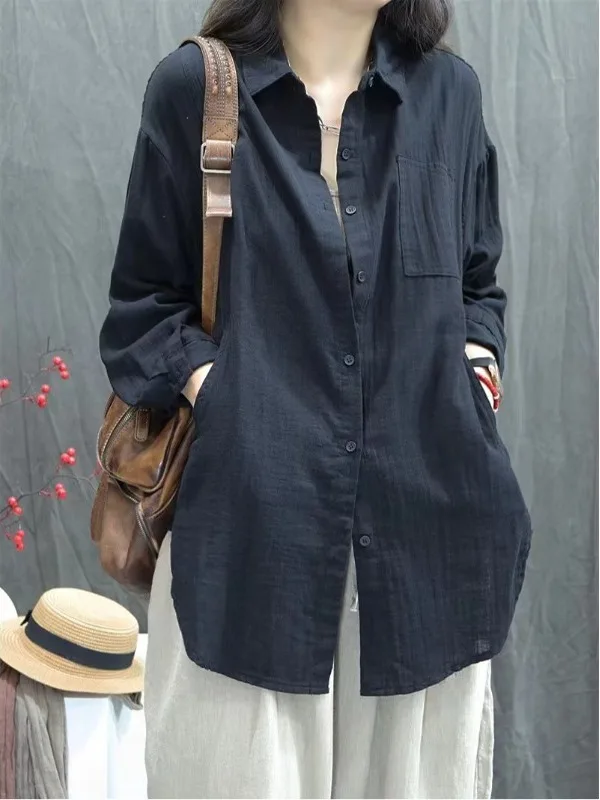 Women's Cotton Linen irt Spring Autumn Thin Outerwear Long Sve Faionable Large Size Mid-Length Top Button-Up  Collar