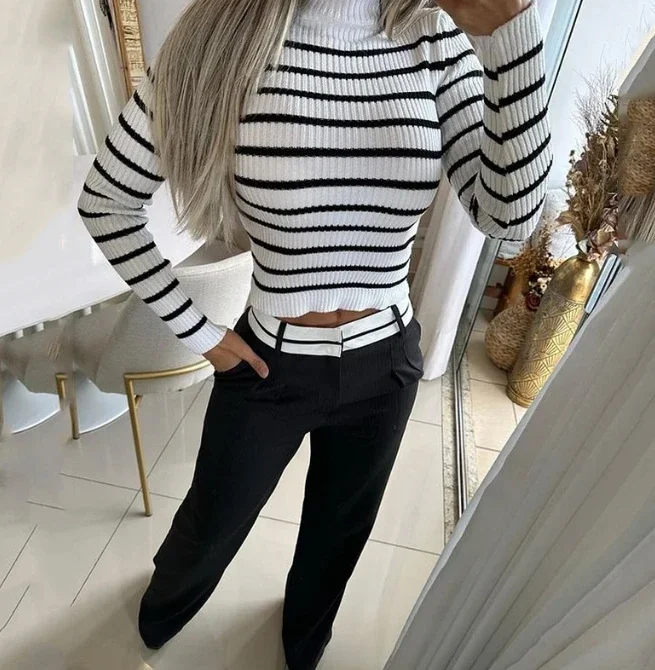 2024 Autumn Winter Spring New Fashion Casual Striped Long Sleeve Top Loose Pants Set Womens Two Piece Sets Outfit Female Suit