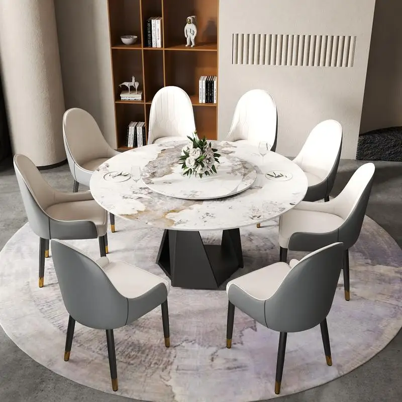 59" Round Marble Dining Table with Black Iron Base, Artificial Stone for 6-8 People, 31.5" White Turntable, White Finish,