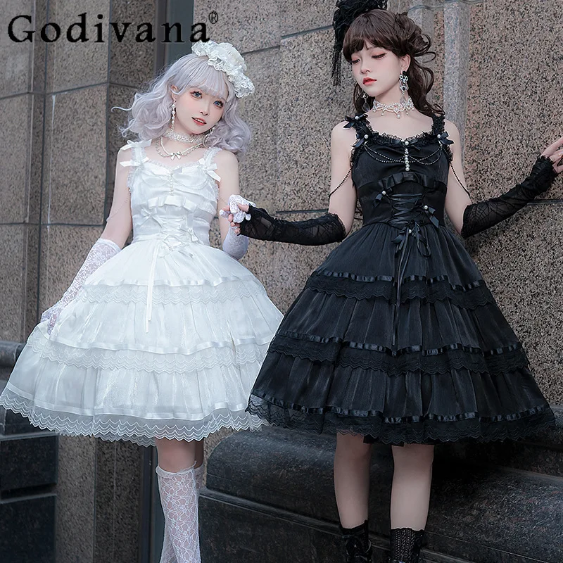 

Lolita Jsk Pearl Elegant Ribbon Ruffles Lace Neck Suspender Dress Cool Girl New Temperament Square Bow A-line High Waist Dresses