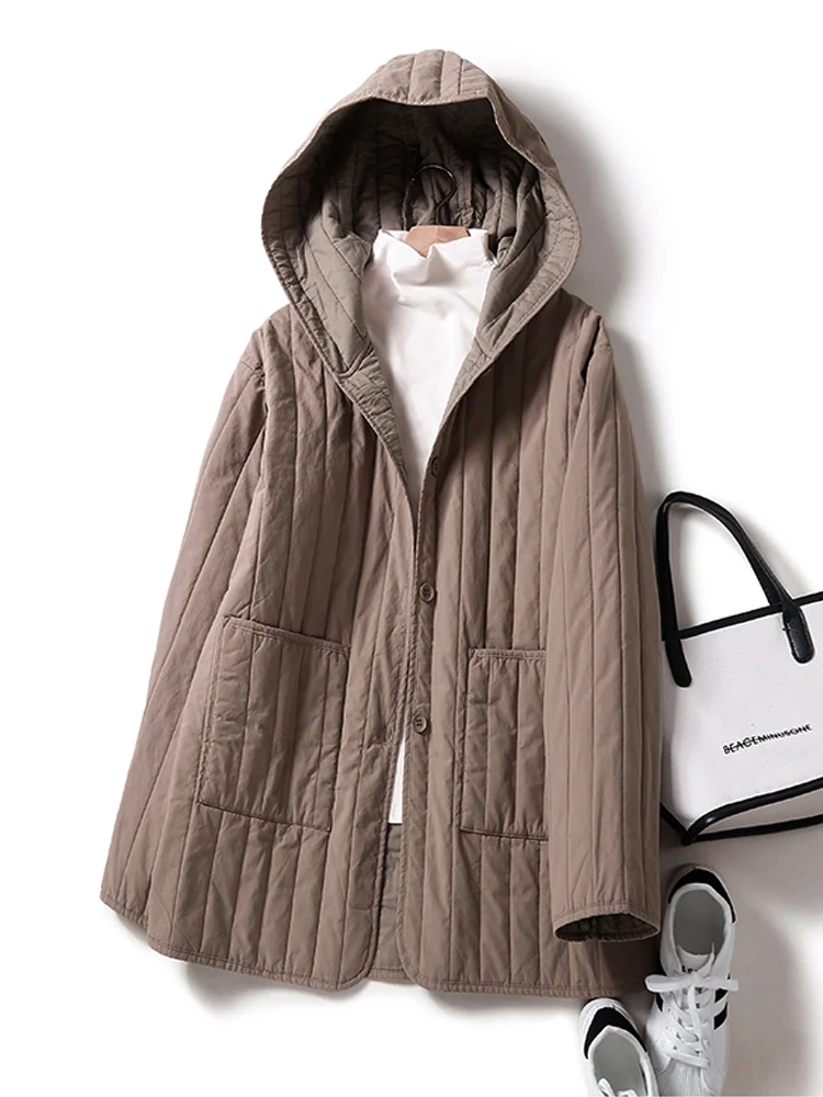 

Women Literary Light Weight Thin Parkas 2024 New Autumn Casual Loose Hooded Quilted Jackets Female Cotton-Padded Outerwear