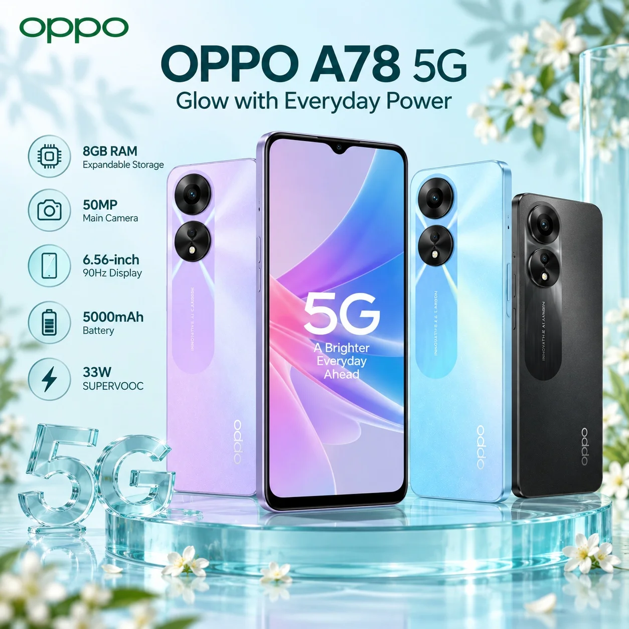 OPPO A78 5G 8GB+256GB Dimensity 700 6.56-inch 90Hz Display 50MP Camera 5000mAh 33W SUPERVOOC NFC 1TB Expandable Dual SIM Phone