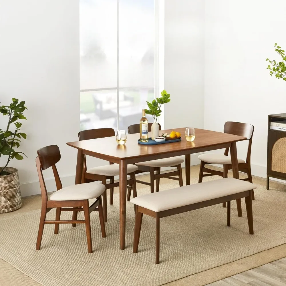 6-Piece Dining Set, Mid-Century Modern Wooden Table & Upholstered Chair Set for Home, Kitchen, Dining Room w/ 4 Chairs