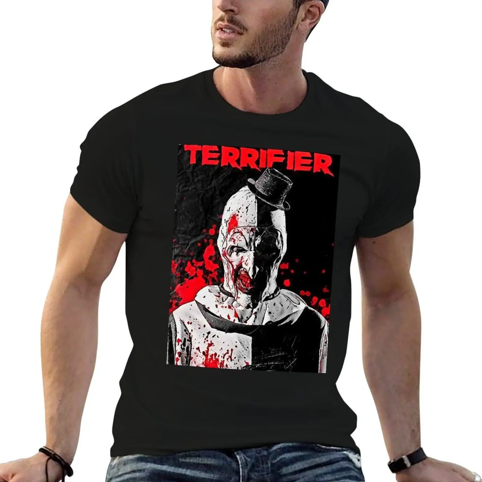 Terrifier movie horror poster art T-Shirt Basic Casual Short Sleeve Cotton Shirt
