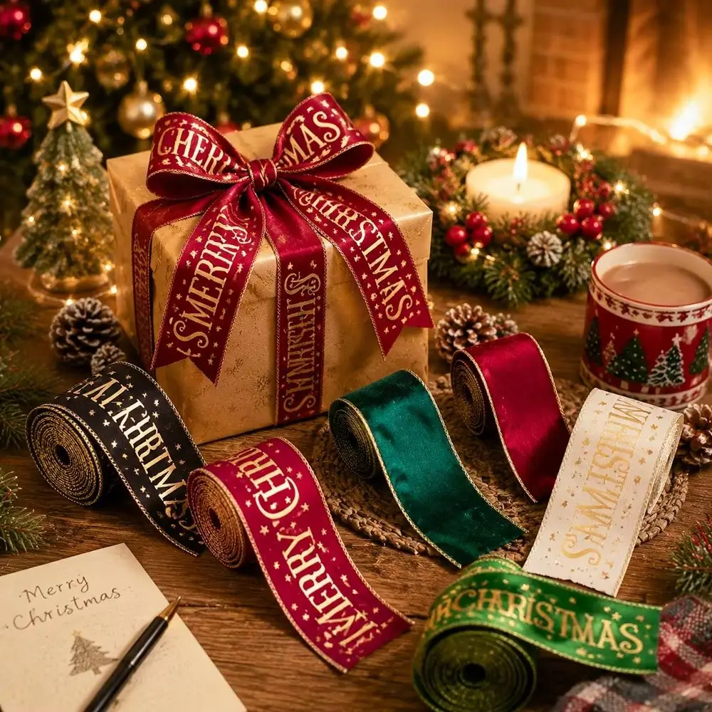 3 Yards Christmas Wrapping Ribbon Fabric Trim Merry Christmas Christmas Bow Ribbon Xmas Bows Decorative