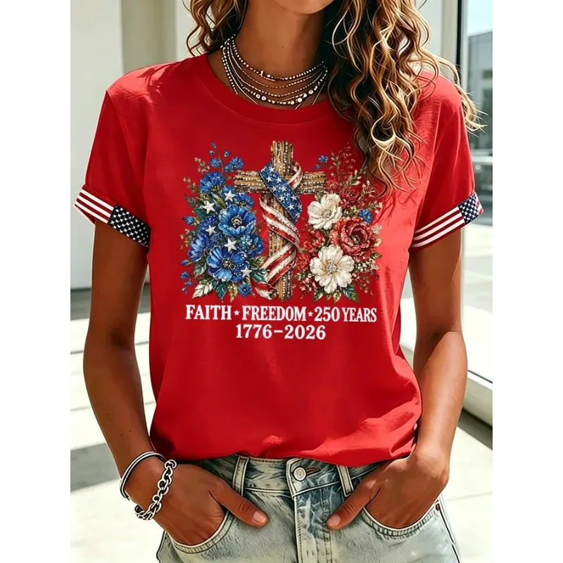 ilstile Women's America 250 Years Print T-Shirts Summer Short Sleeve Casual O-Neck Tops Black Blue White Red Tees NEW