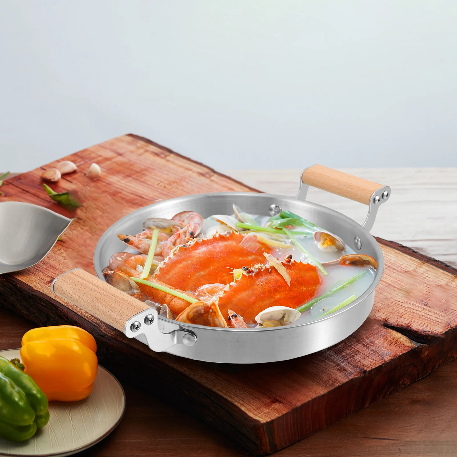 

Stainless Steel Double Handle Flat Pan Ideal for Dry Pot Cooking Ramen Stew Seafood Restaurants Home Kitchen Use Wooden Side