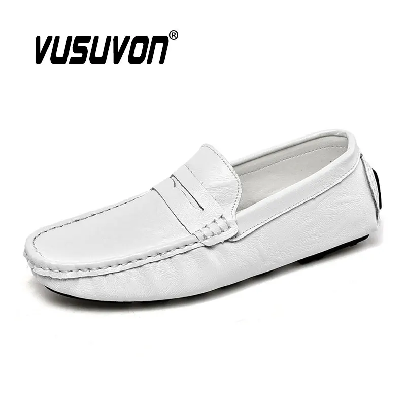 Penny Loafers Men Genuine Leather Shoes Spring Casual Flats Fashion Moccasin Breathable Slip on Driving Black Plus Size 47